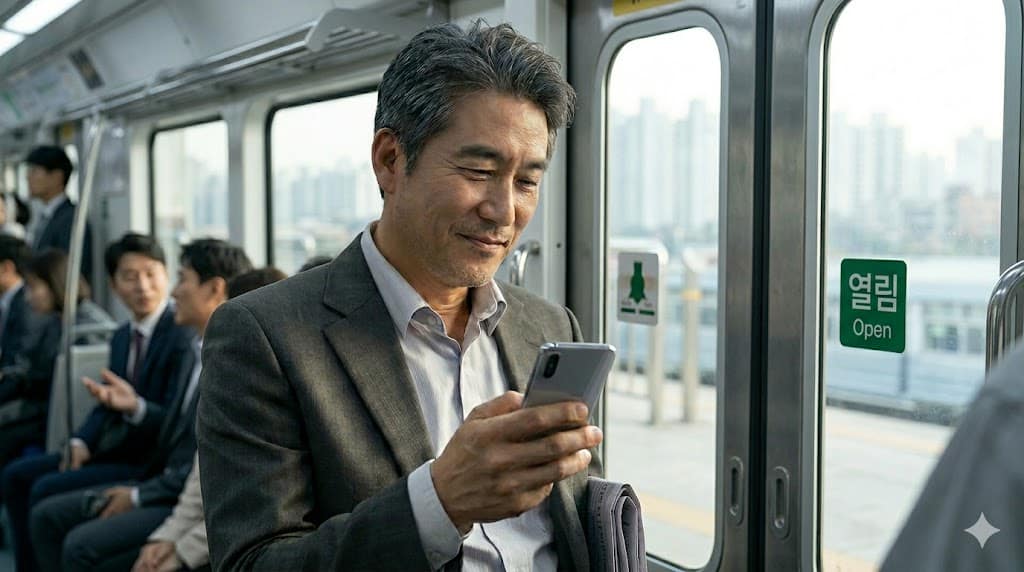 증권사 리포트 핵심 결론을 확인하며 바쁜 출근길 속에서도 자산을 영리하게 관리하는 4050 직장인 부장의 모습