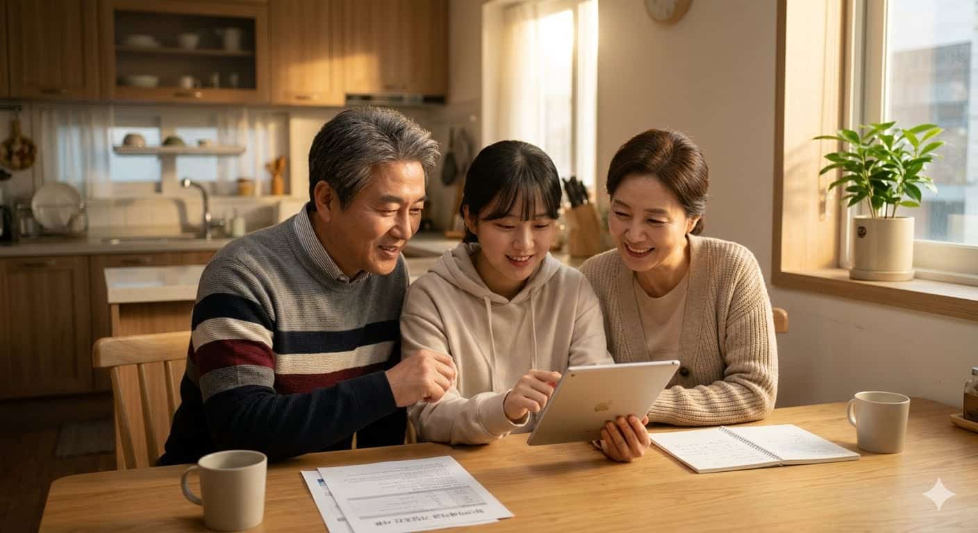 청년미래적금 가입조건 서류와 은행별 우대금리를 꼼꼼하게 비교하며 대화하는 4050 부모와 자녀의 모습 나노바나나 이용해서 이미지 올려줘